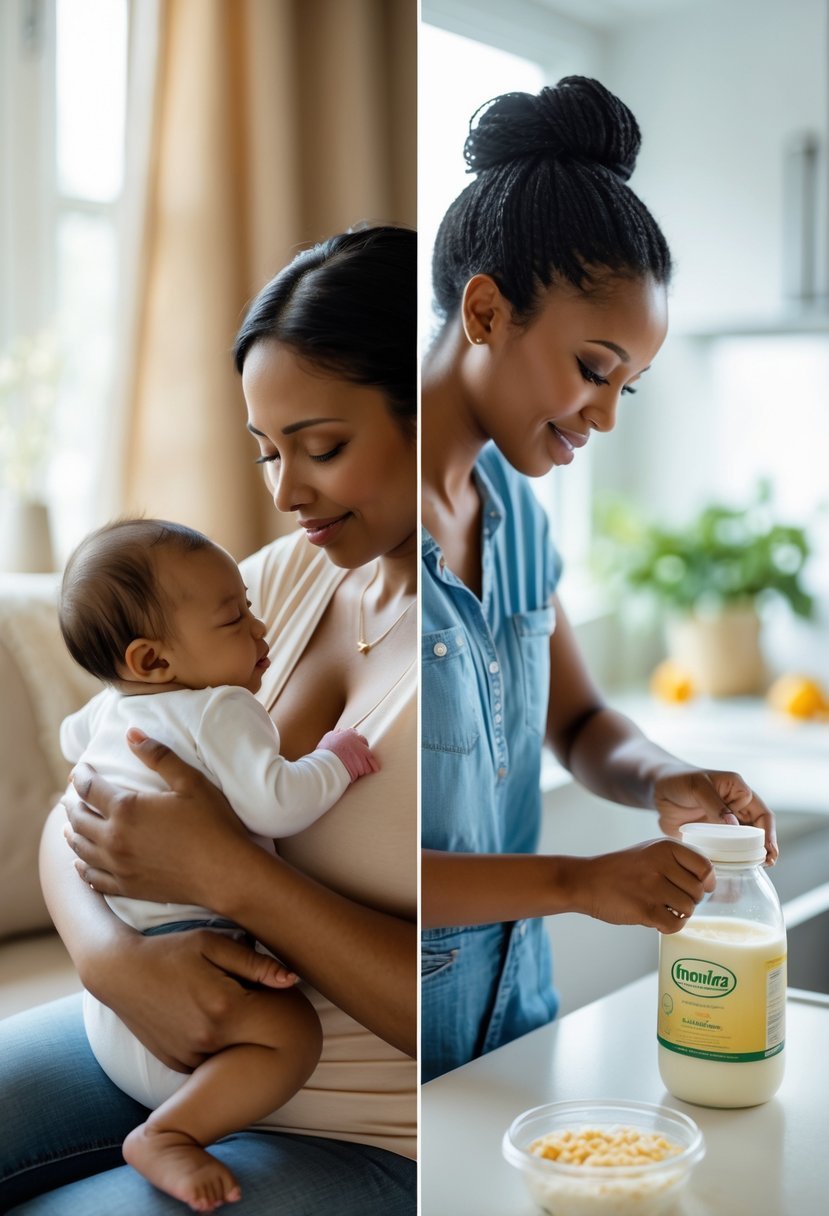 Two mothers caring for their babies; one breastfeeding her infant in a cozy room, the other preparing formula milk in a bright kitchen.