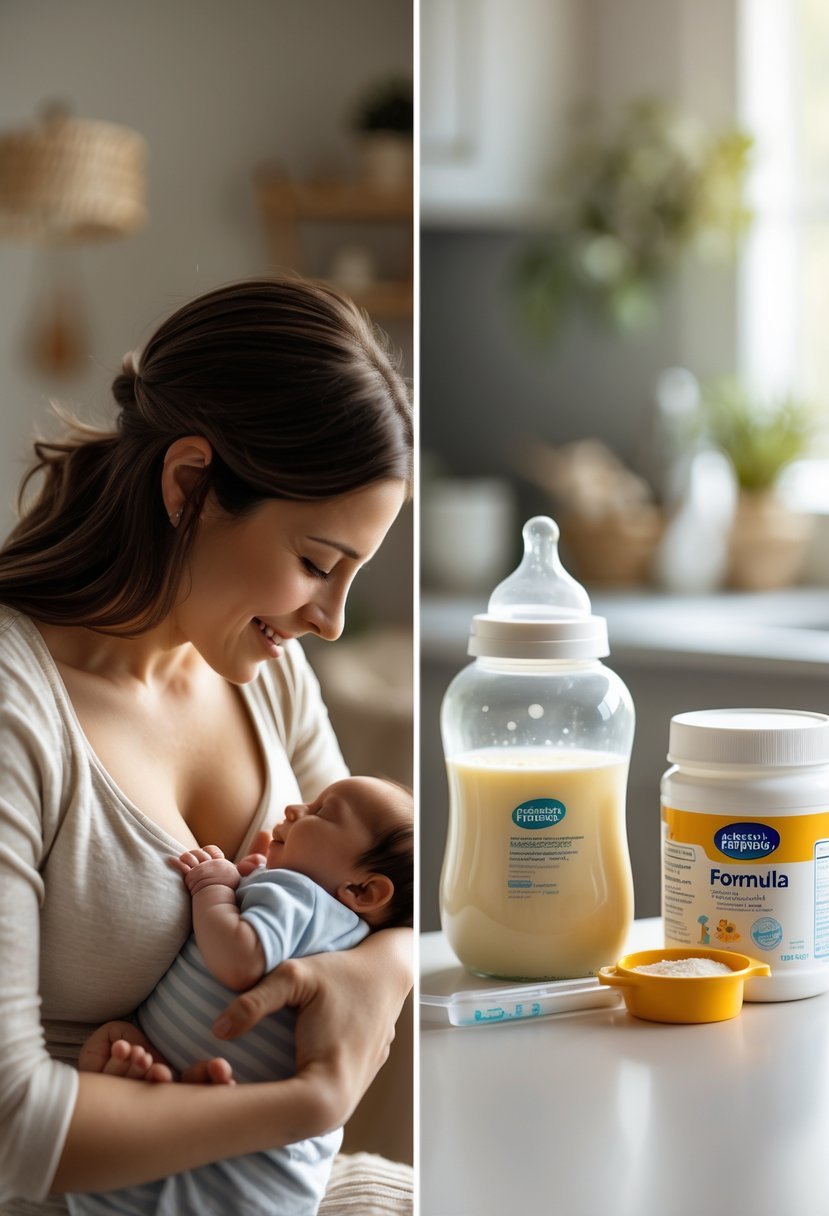 A mother breastfeeding her baby on one side and a baby bottle with formula and feeding supplies on the other side.