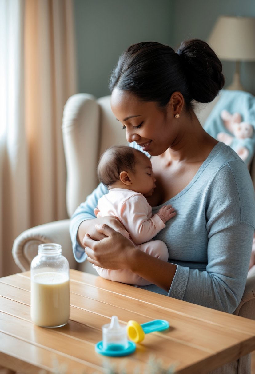 A mother breastfeeding her baby in a softly lit nursery with a bottle of formula nearby on a table.