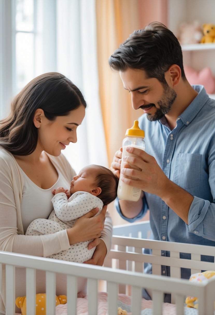 A mother breastfeeding her baby while a father prepares a bottle of formula in a cozy nursery.