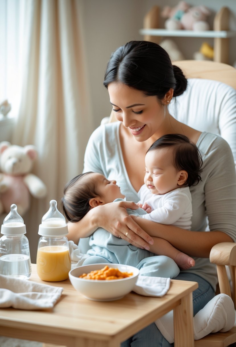 Mother breastfeeding her baby in a cozy nursery with a baby bottle and feeding items on a nearby table.