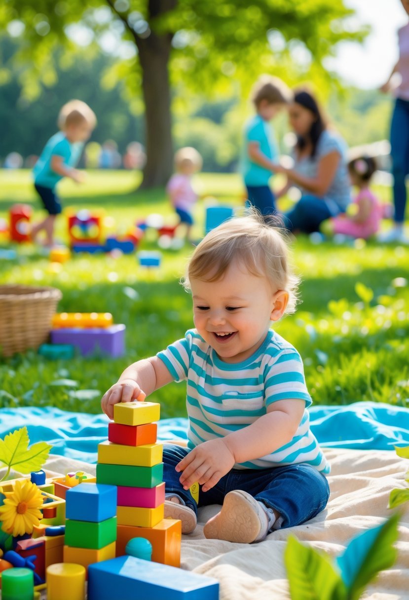 A toddler playing with wooden blocks on a picnic blanket in a sunny park surrounded by toys and nature.