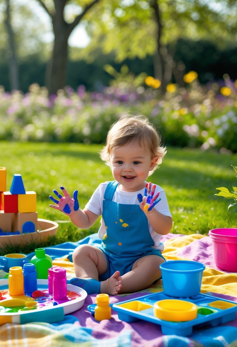 A toddler playing with finger paints and toys on a colorful blanket outdoors in a sunny garden.