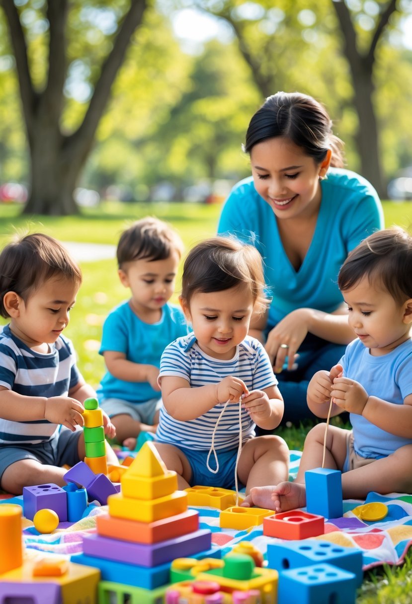 Toddlers playing with educational toys outdoors, including stacking blocks, bead threading, and painting, supervised by a caregiver in a sunny park.