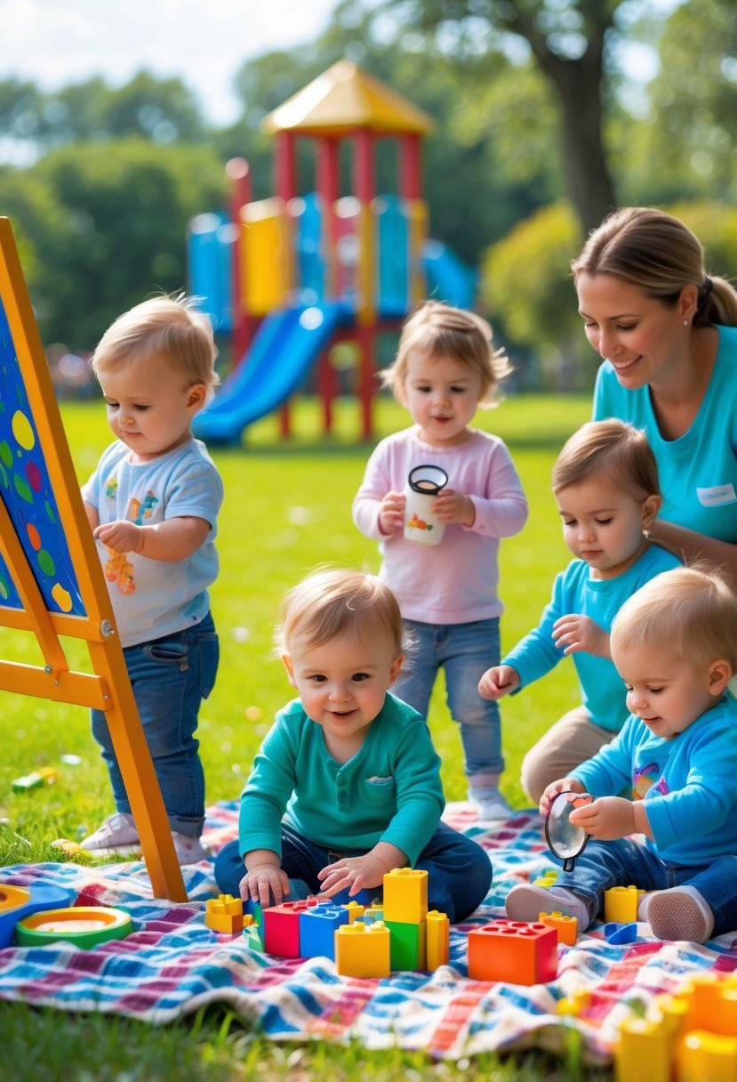 Toddlers playing outdoors in a park, engaging in creative and educational activities like painting, building blocks, and exploring nature.