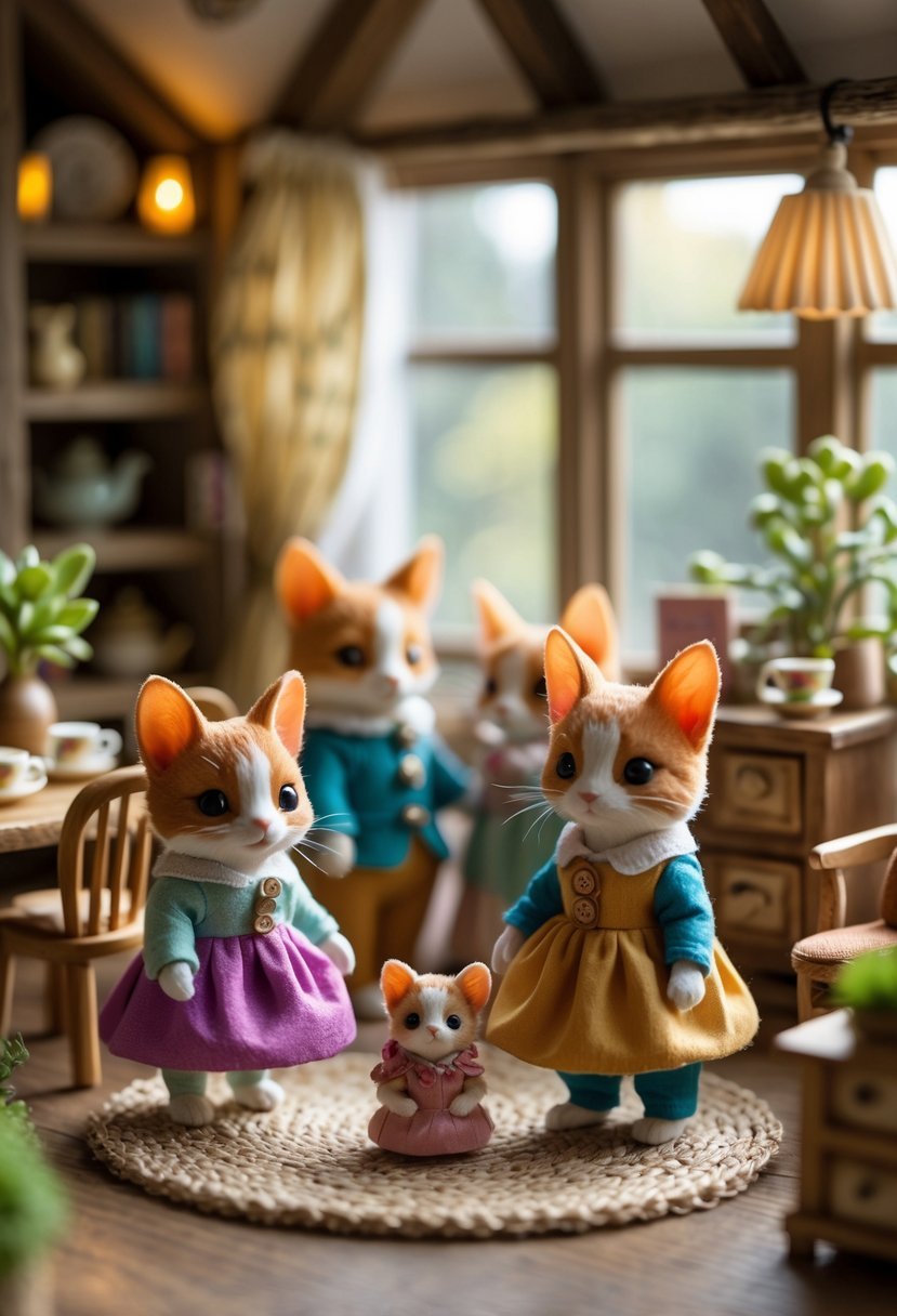A group of small, dressed animal figurines posed inside a miniature cozy cottage setting with furniture and accessories.