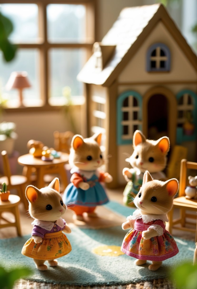 A group of small animal figurines dressed in colorful clothes arranged in a miniature cozy playroom with tiny furniture.