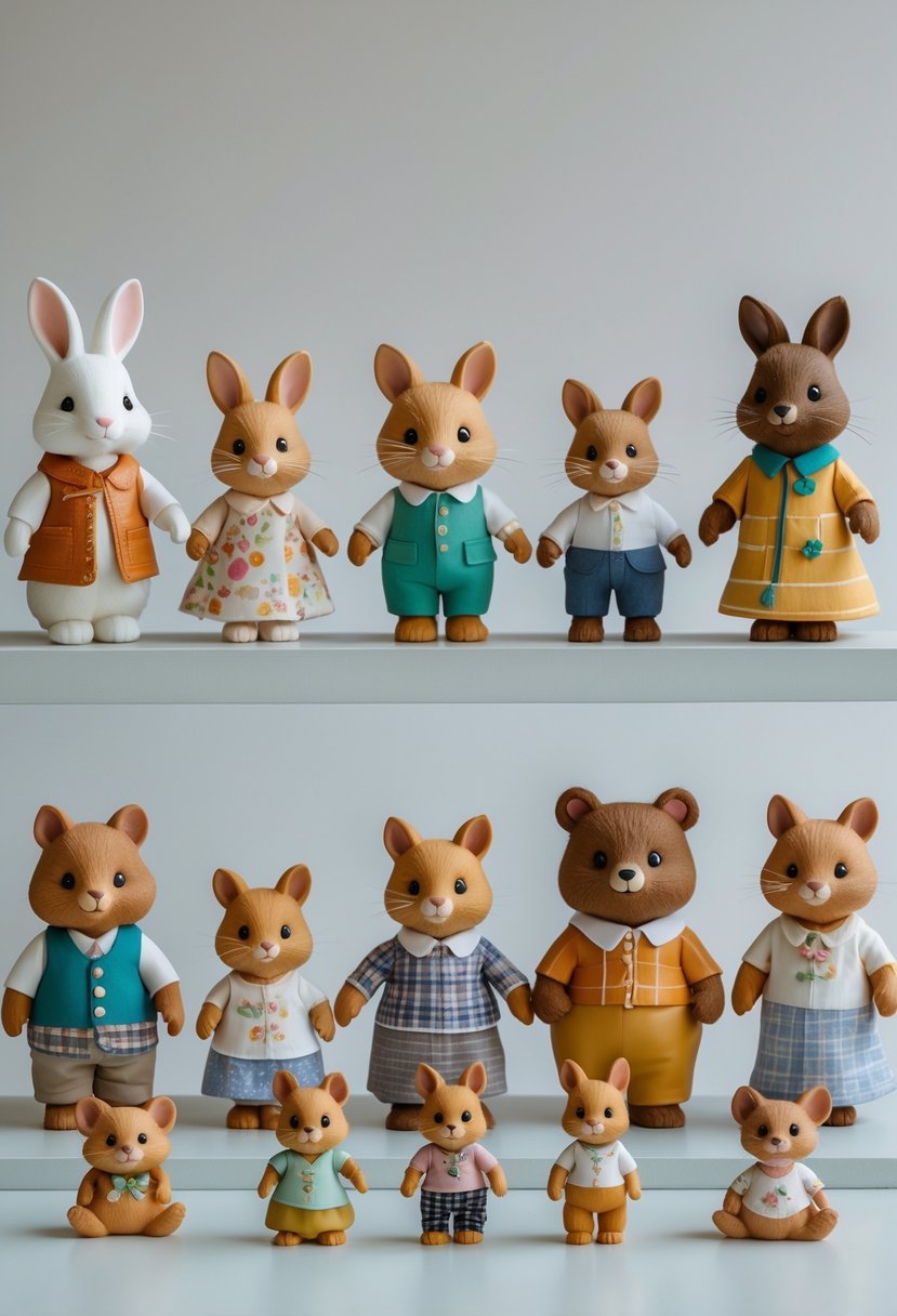 A collection of Calico Critters animal figures arranged in family groups on a neutral surface.