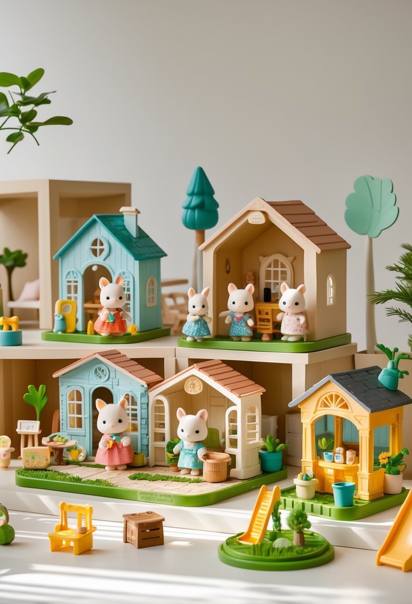 Miniature animal figurines with dollhouse homes and accessories arranged on a neutral background.