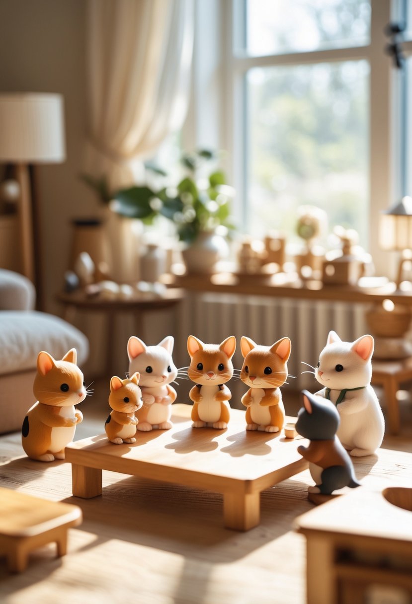 A group of Calico Critters figurines arranged on a wooden table in a cozy room, appearing to be in a friendly gathering.