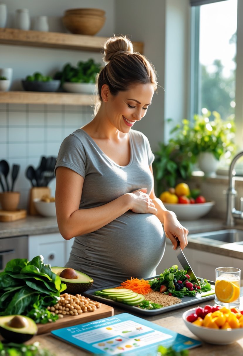 Pregnant woman preparing a healthy meal in a bright kitchen with fresh fruits and vegetables on the counter.