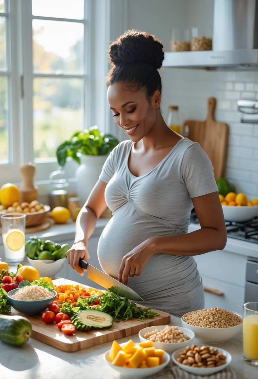 Pregnant woman preparing a healthy meal with fresh fruits, vegetables, and proteins in a bright kitchen.