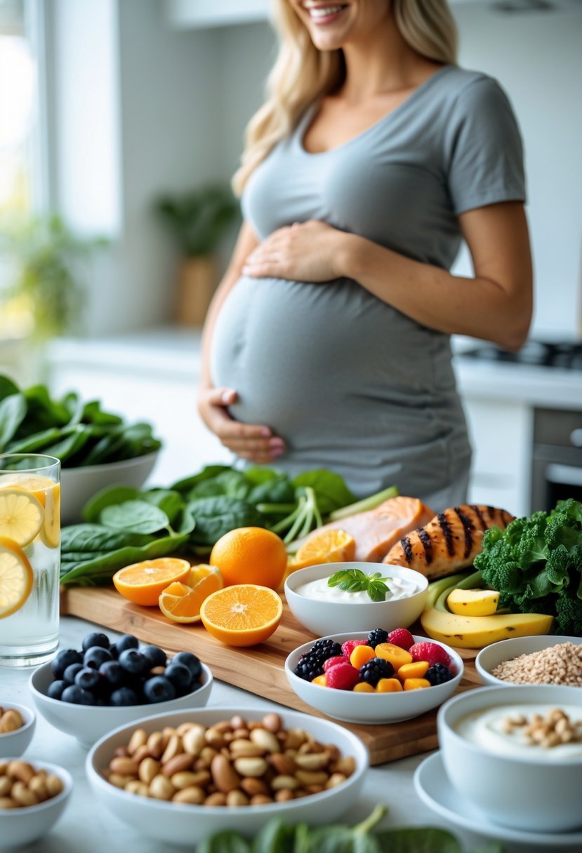 A kitchen table with a variety of fresh fruits, vegetables, whole grains, proteins, and dairy foods arranged as a pregnancy meal plan, with a pregnant woman gently holding her belly in the background.