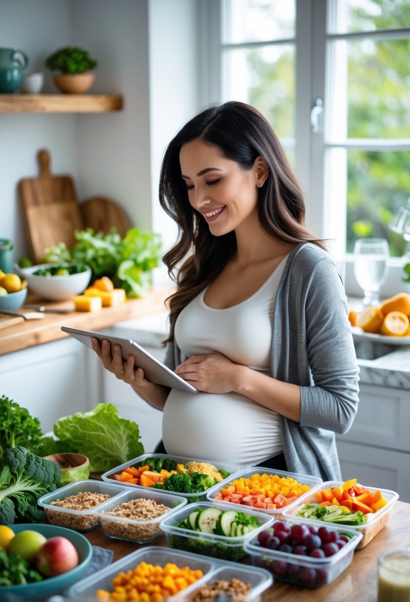 Pregnant woman sitting at a kitchen table with fresh healthy foods and meal prep containers, planning her meals.