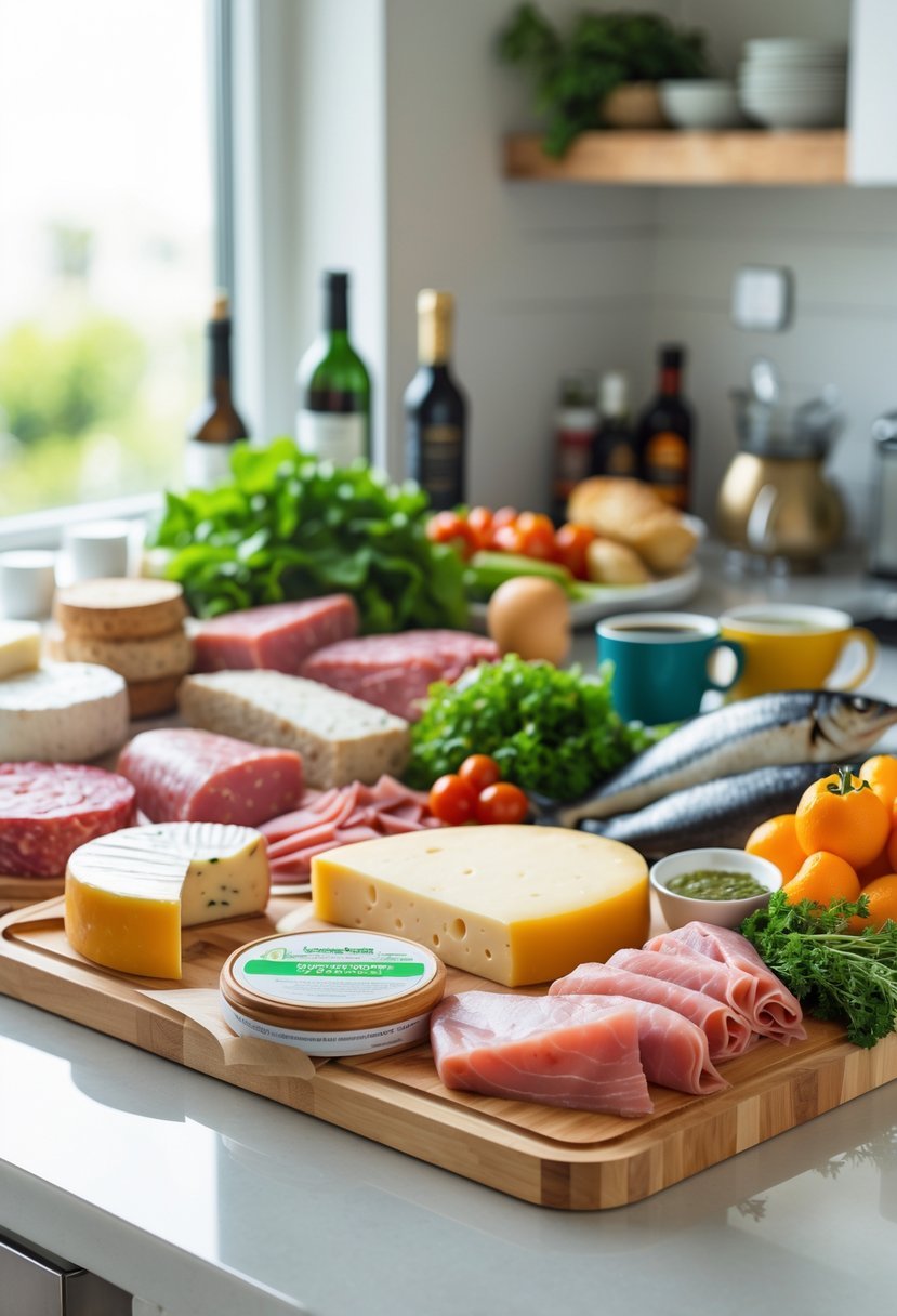 A kitchen countertop showing foods to limit or avoid during pregnancy, including soft cheeses, deli meats, high-mercury fish, coffee, and alcohol bottles.
