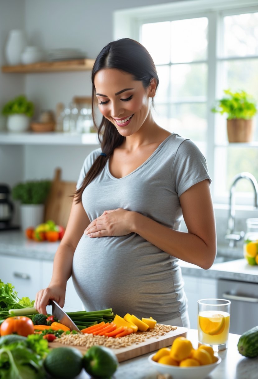 A pregnant woman preparing a healthy meal in a bright kitchen with fresh vegetables on the counter.