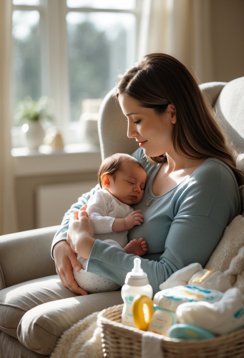 A mother gently holding her newborn baby in a softly lit nursery surrounded by baby care items.