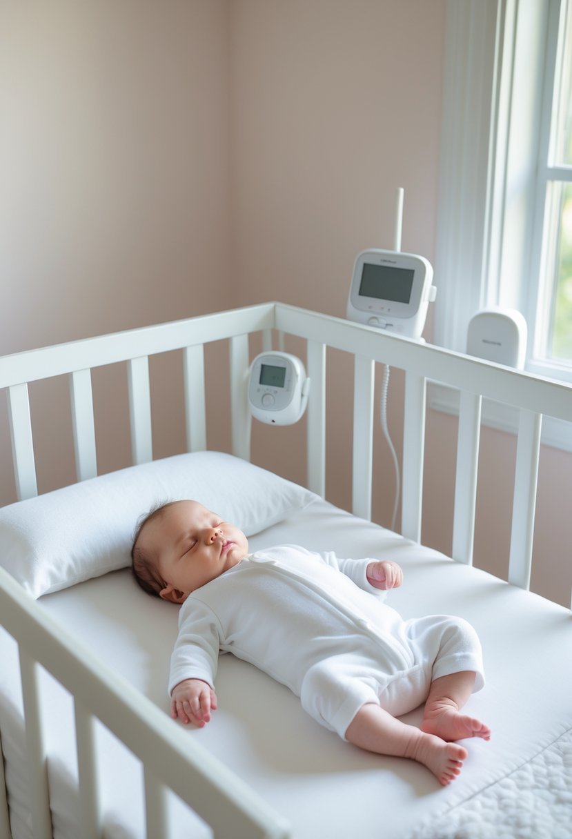 A newborn baby sleeping safely on their back in a clean crib in a softly lit nursery.