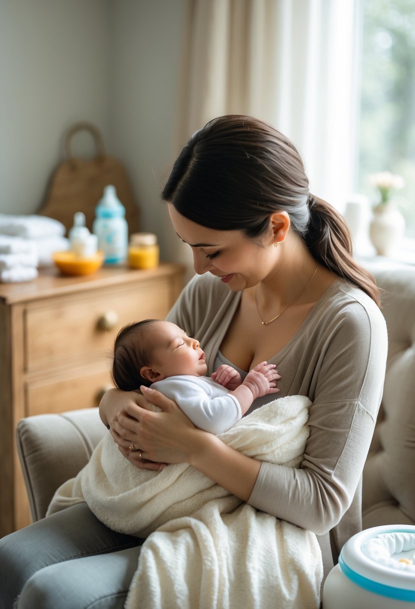 A mother breastfeeding her newborn baby in a cozy nursery with baby care items in the background.
