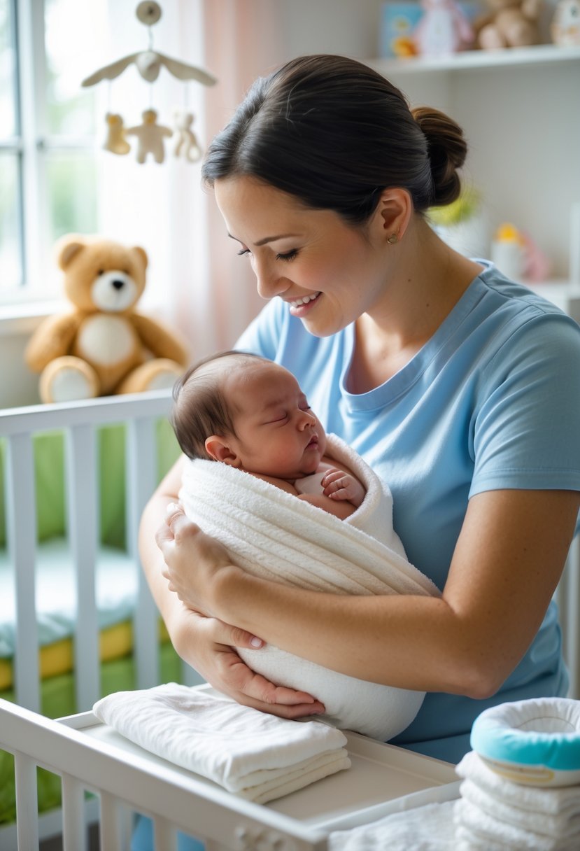 A parent gently cradling a newborn baby in a bright nursery surrounded by baby care items.