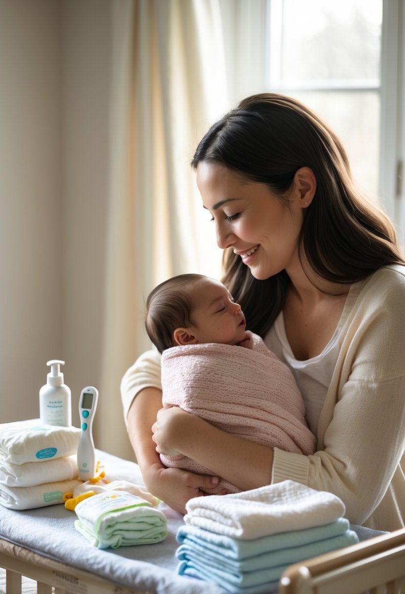 A mother gently holding her newborn baby in a softly lit nursery with baby care items nearby.