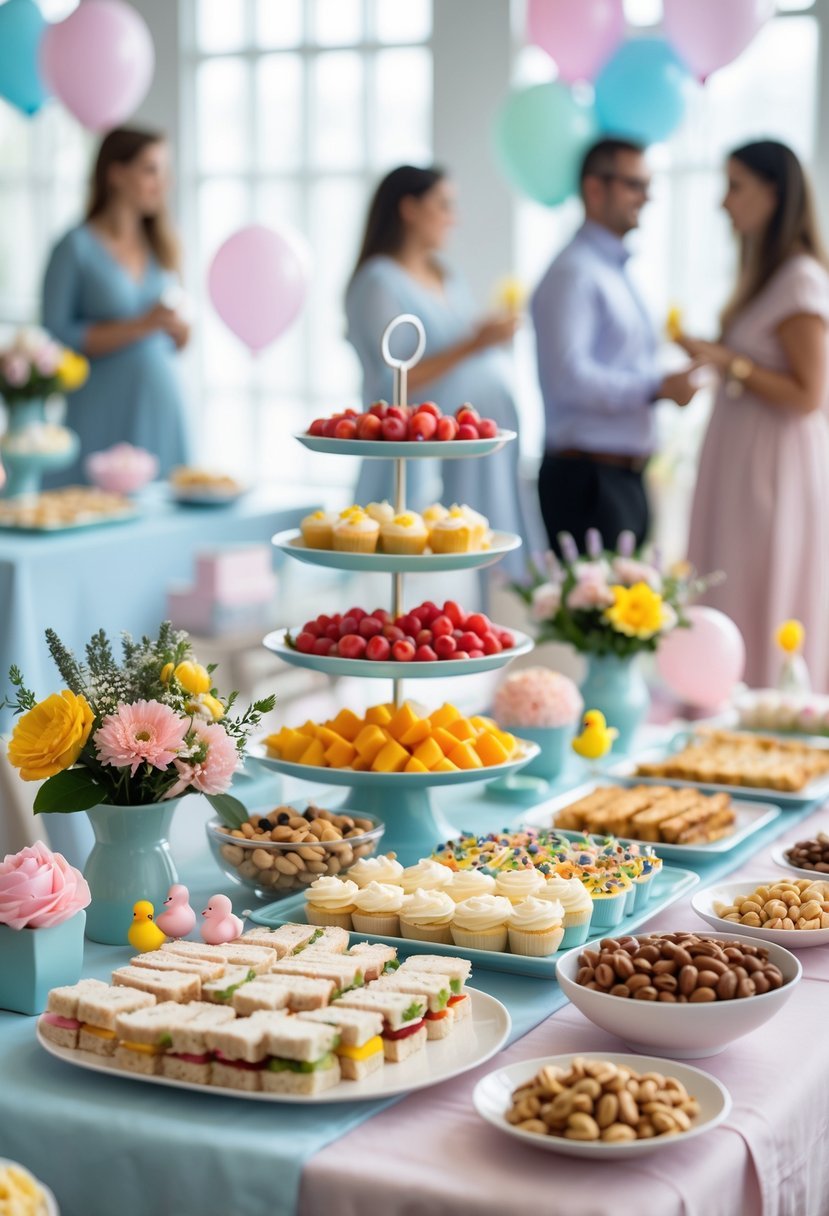 A table with assorted baby shower finger foods and decorations in a bright room with guests in the background.