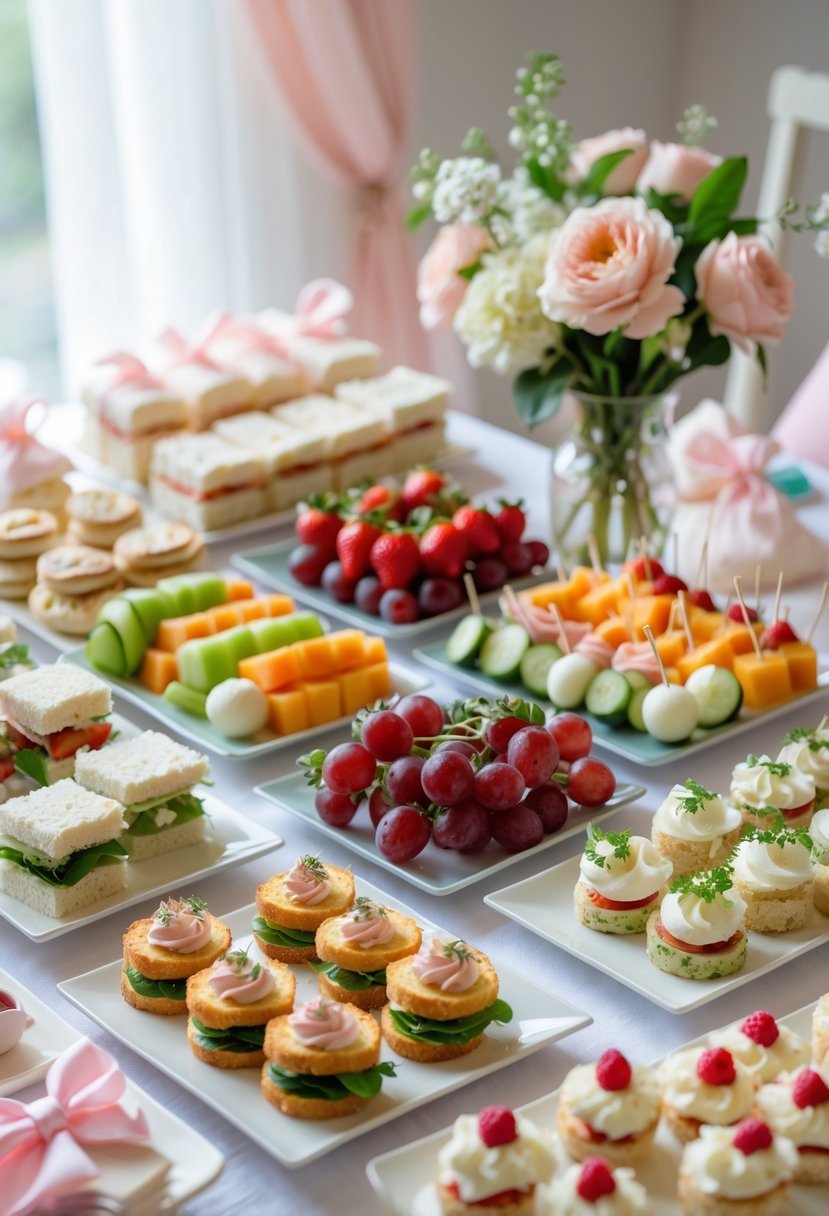 A table with a variety of colorful baby shower finger foods including mini sandwiches, fruit skewers, cucumber canapés, and pastries, decorated with pastel linens and flowers.