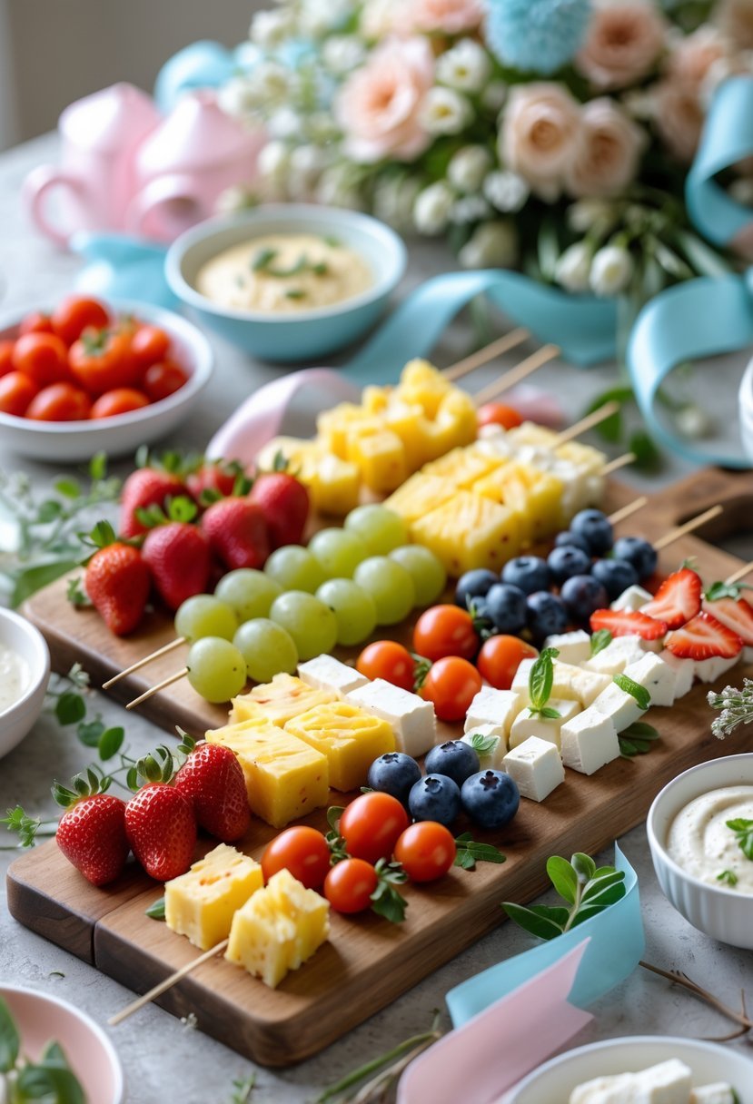 A table with wooden boards displaying colorful fruit and cheese skewers, decorated for a baby shower with pastel ribbons and flowers.