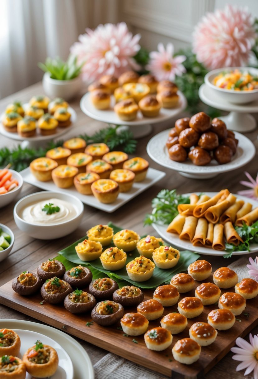 A table with a variety of savory appetizers and hot dishes arranged for a baby shower, including stuffed mushrooms, mini quiches, spring rolls, meatballs, dips, and vegetables.