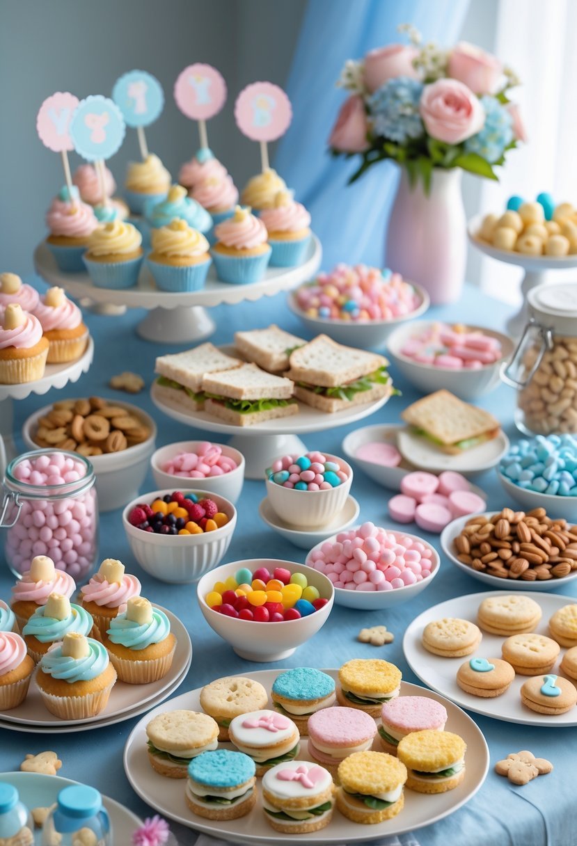 A table set with a variety of snacks and sweet treats for a baby shower, including cupcakes, mini sandwiches, candies, and baby-themed cookies.