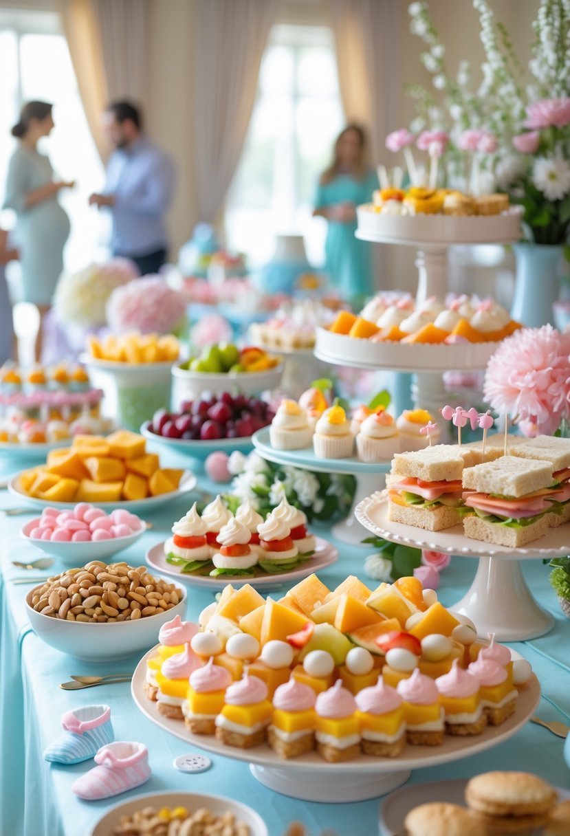 A table with a variety of colorful baby shower finger foods and pastel decorations in a festive room.