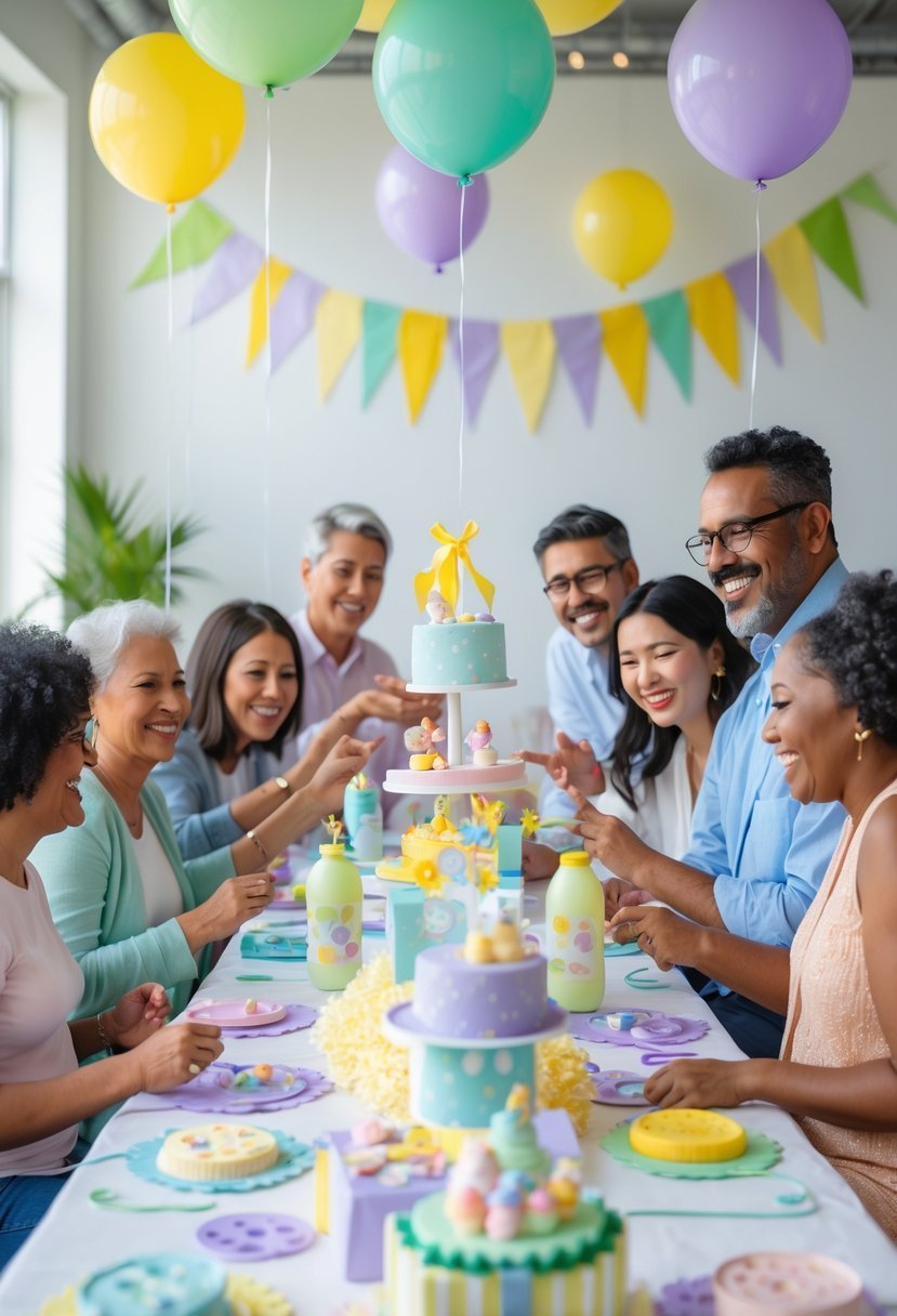 A diverse group of adults enjoying gender-neutral baby shower activities in a brightly decorated room with pastel balloons and interactive games.