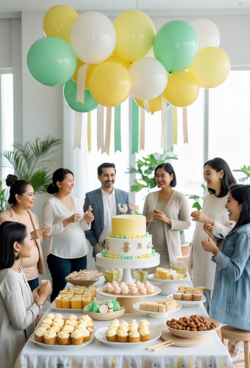 A group of people celebrating a gender-neutral baby shower with pastel balloons and a decorated table of treats in a bright room.