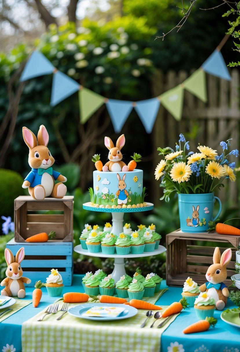 A baby shower table decorated with Peter Rabbit toys, pastel colors, flowers, cupcakes, and a themed cake in a garden setting.