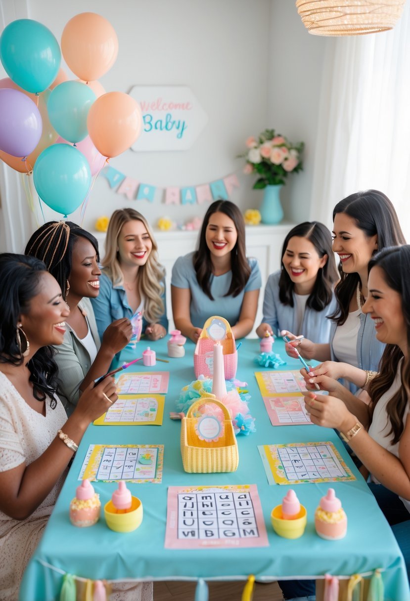 A group of women playing baby shower games around a decorated table with pastel decorations and game materials.