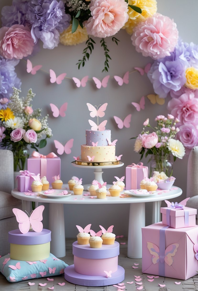 A decorated baby shower table with butterfly-themed cupcakes, a tiered cake, floral arrangements, butterfly garlands, gift boxes, and baby clothes in pastel colors.