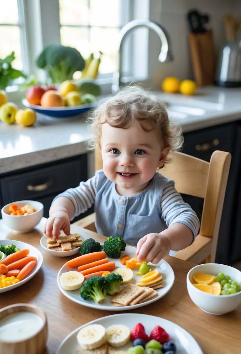 A toddler sitting in a high chair reaching for colorful healthy food on a wooden table in a bright kitchen.
