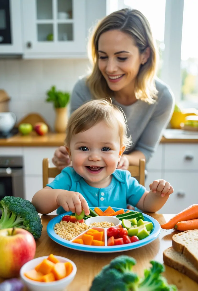 A toddler sitting at a small table with a healthy meal in front of them, while a caregiver watches nearby in a bright kitchen.