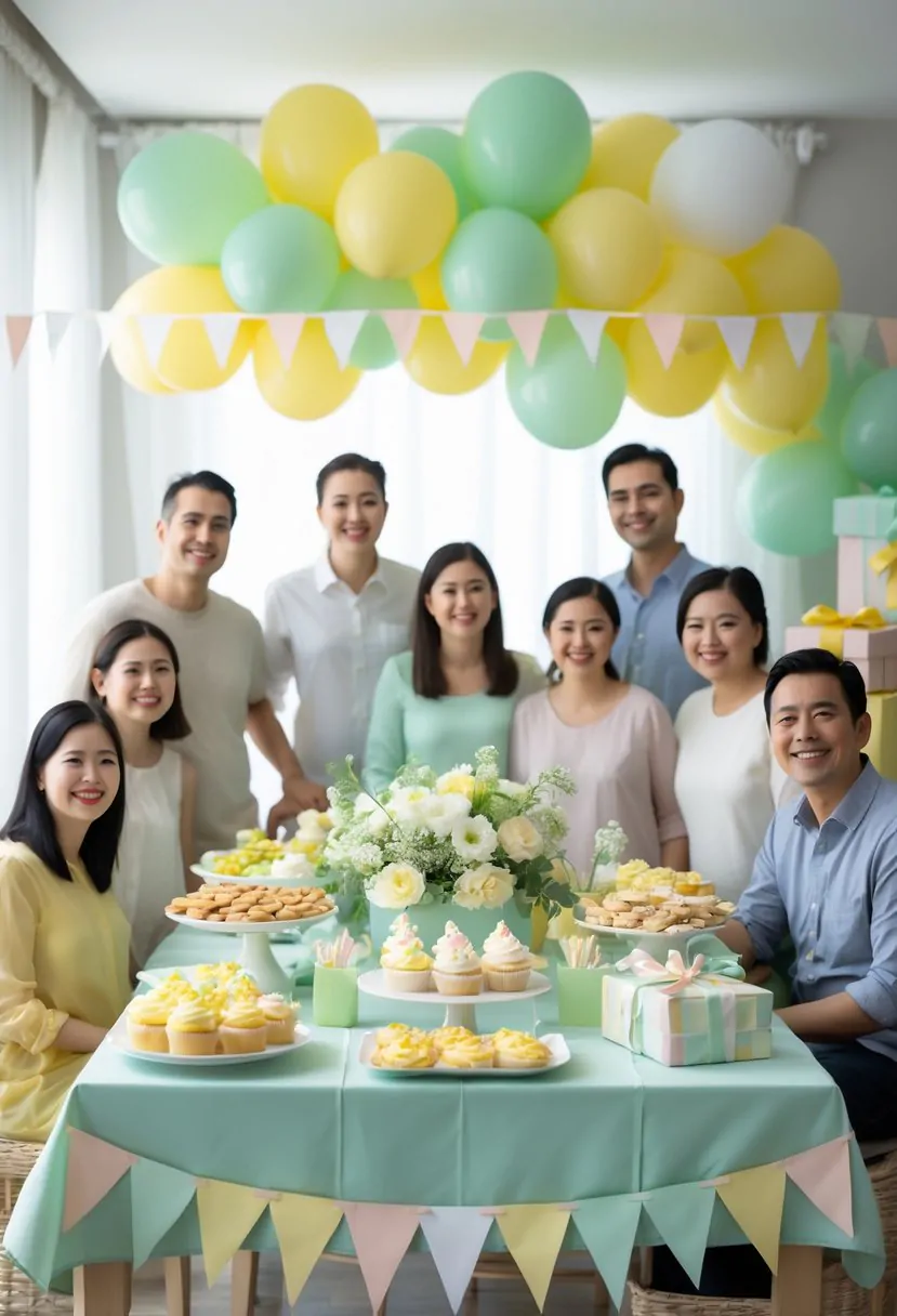 A group of adults gathered around a decorated table with pastel-colored decorations, snacks, cupcakes, balloons, and gift boxes celebrating a baby shower.