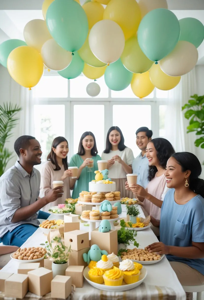 A group of people celebrating a baby shower with neutral decorations, balloons, and gifts in a bright room.