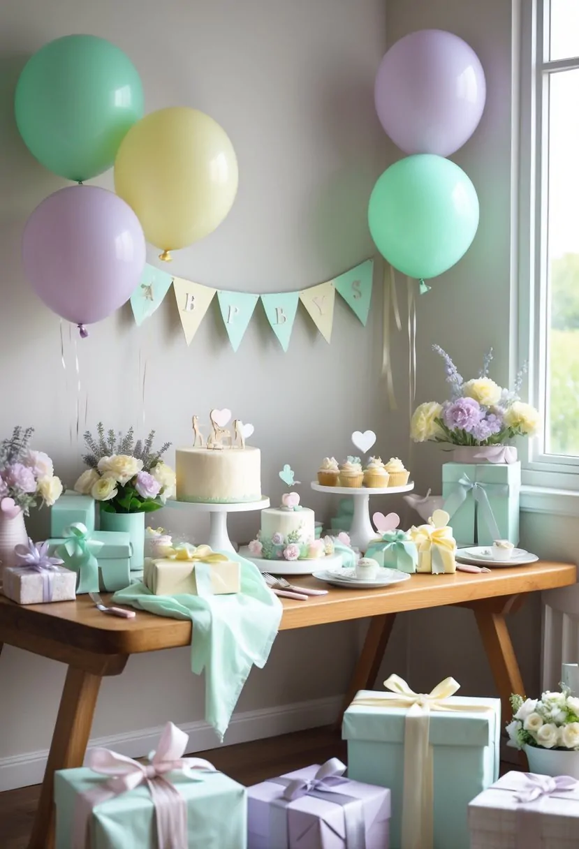 A decorated indoor space for a gender neutral baby shower with pastel balloons, bunting, flowers, a cake, and gift boxes arranged on a wooden table.