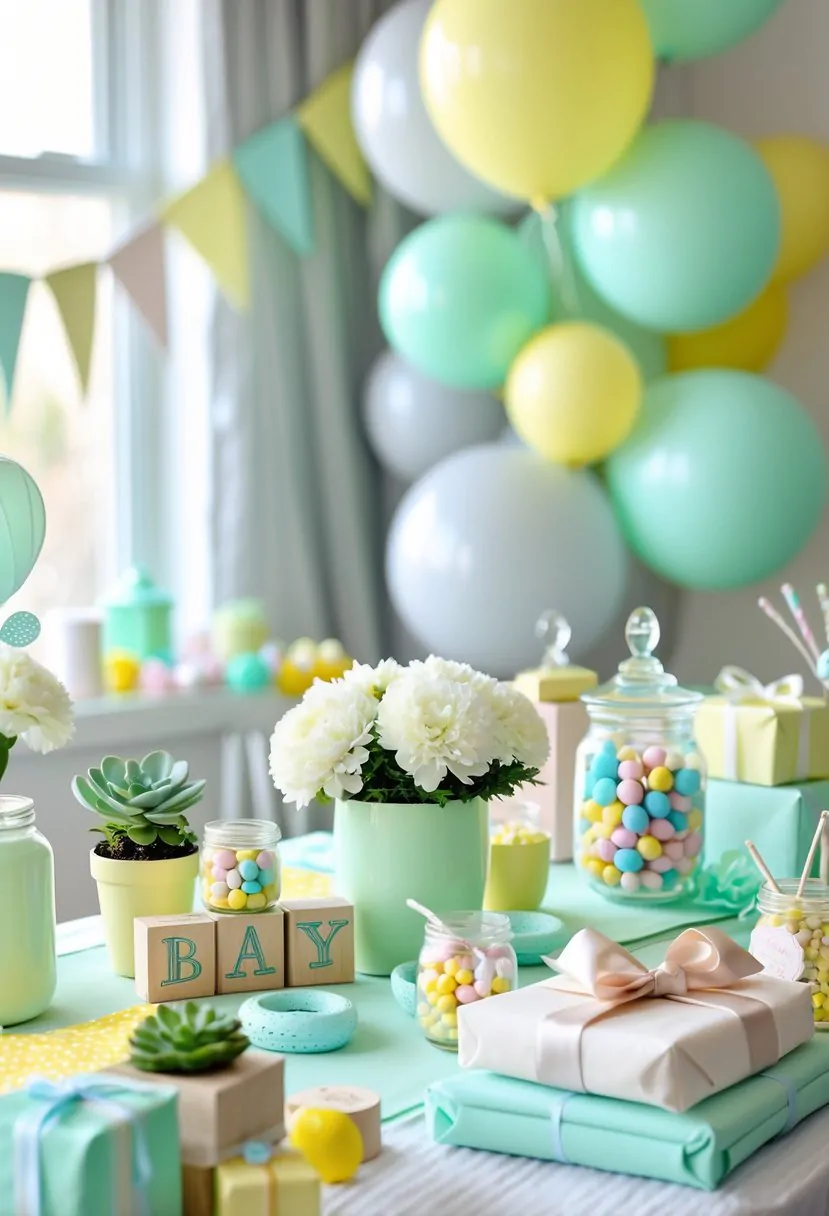 A decorated baby shower table with pastel-colored decorations, flowers, gifts, and balloons in a bright room.