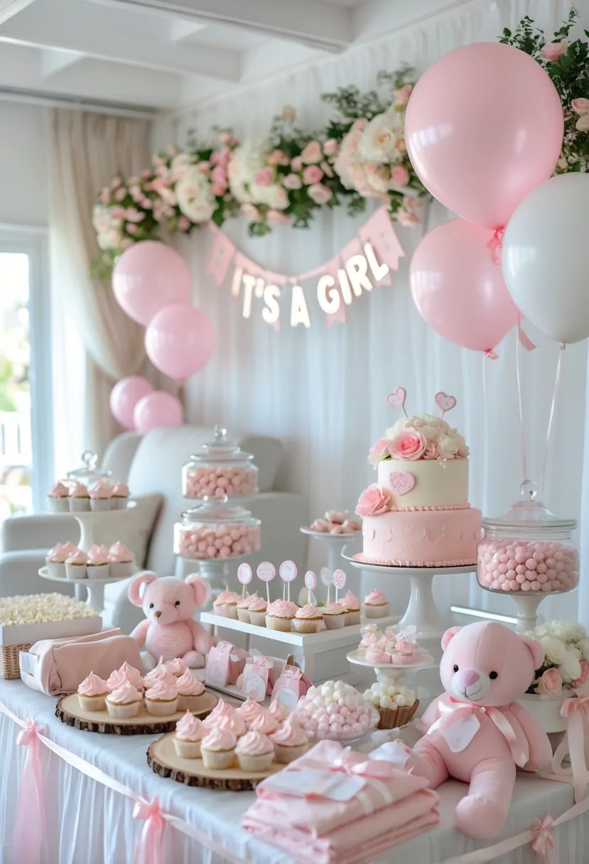 A baby shower setup with pink decorations, balloons, cupcakes, a tiered cake, and baby clothes arranged in a bright room.