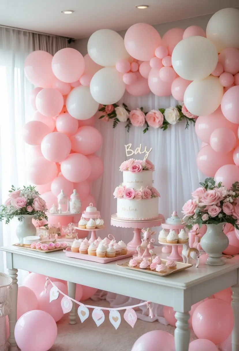 A decorated room with pink and white balloons, flowers, a dessert table with a cake and cupcakes, and baby shower decorations for a girl.