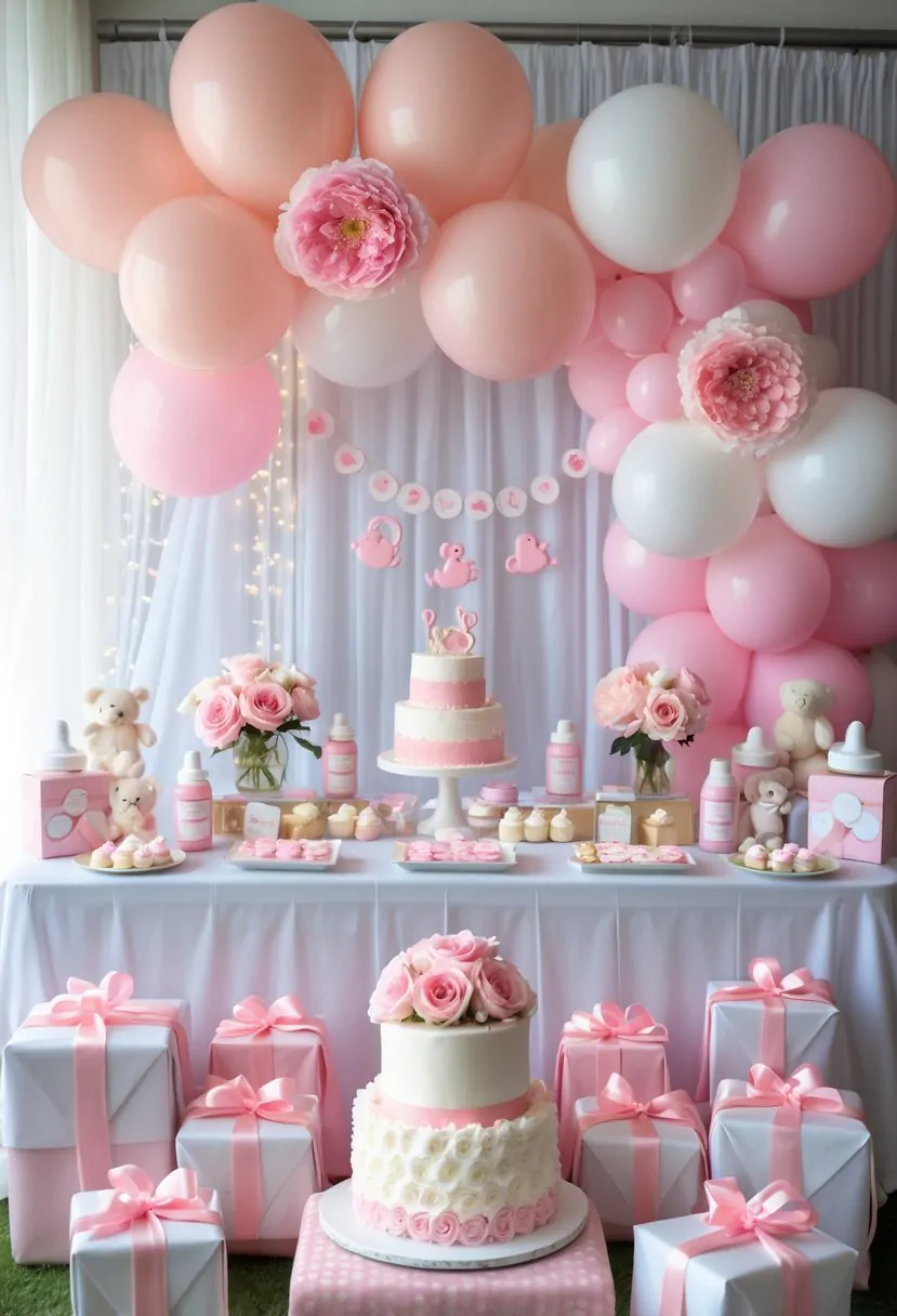 A baby shower setup decorated with pink and white balloons, flowers, gifts, and a tiered cake for a baby girl celebration.