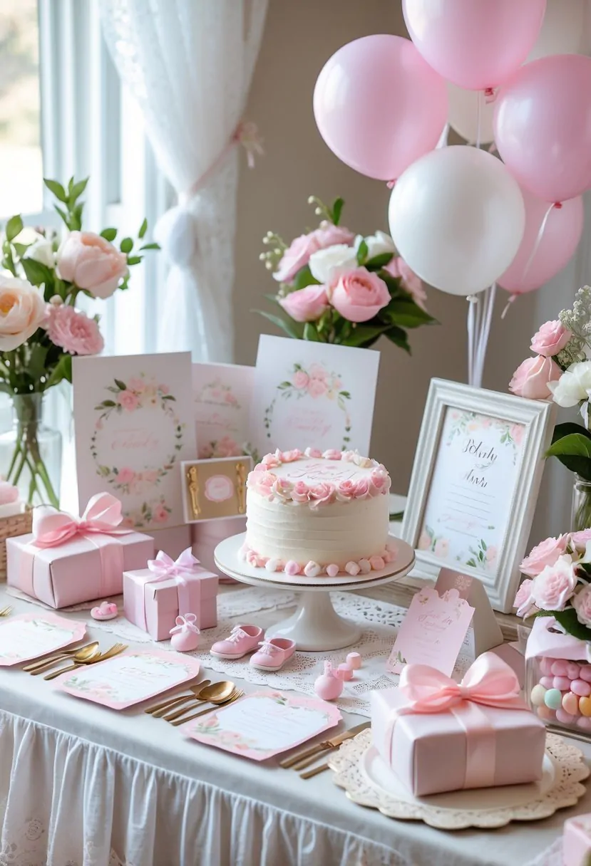 A table set up with pink baby shower invitations, gift favors, flowers, balloons, and a decorated cake.