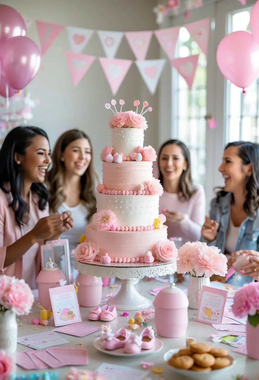 A baby shower setup with a pink and white cake, baby shower games, balloons, and guests enjoying the celebration.