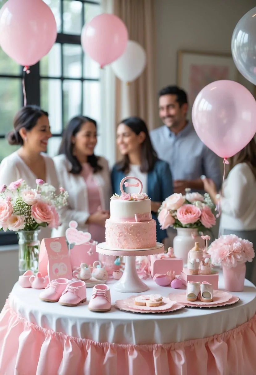 A decorated baby shower setup with pink and white decorations, a cake, and guests smiling in a cozy room.