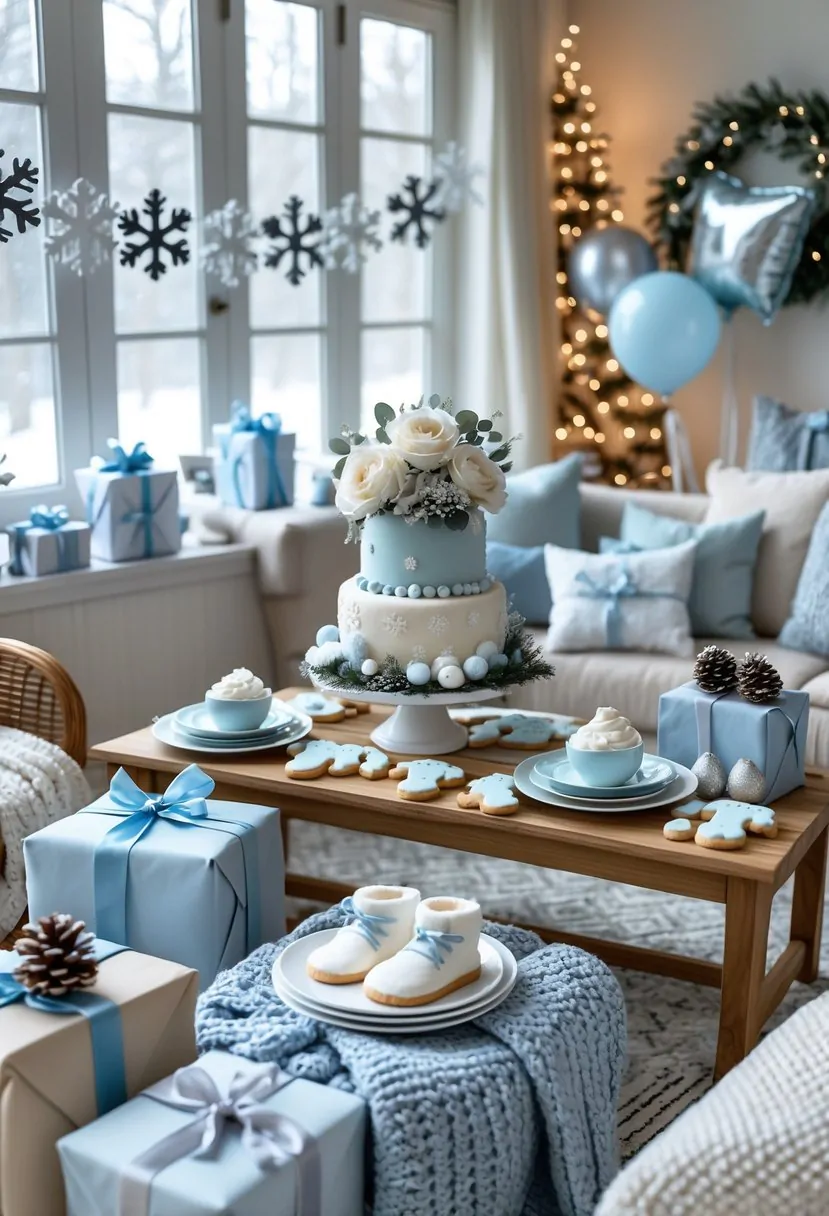 Indoor winter baby shower setup with snowflake decorations, a decorated table with a cake and treats, wrapped gifts, and cozy seating.