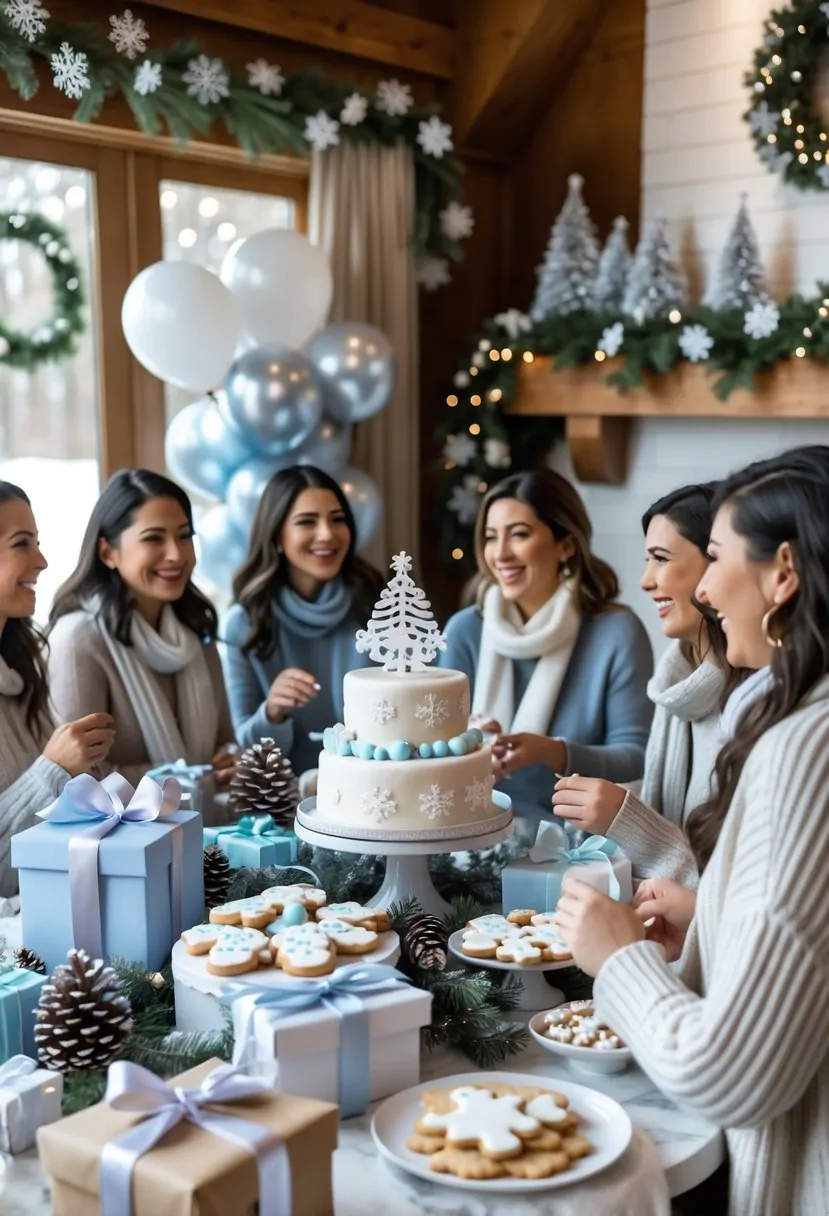 A group of women celebrating a winter baby shower indoors with winter-themed decorations, a decorated cake, gifts, and festive treats on a table.